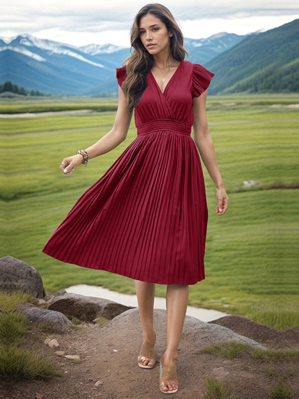 style simple temperament V-neck high-waisted pleated dress