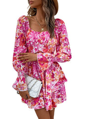 square neck floral print ruffle short dress