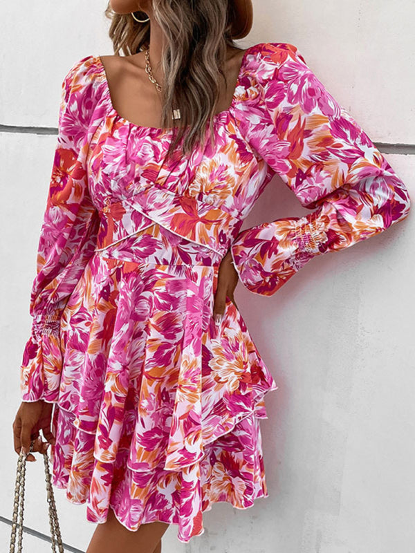 square neck floral print ruffle short dress