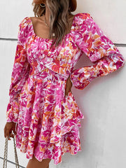 square neck floral print ruffle short dress