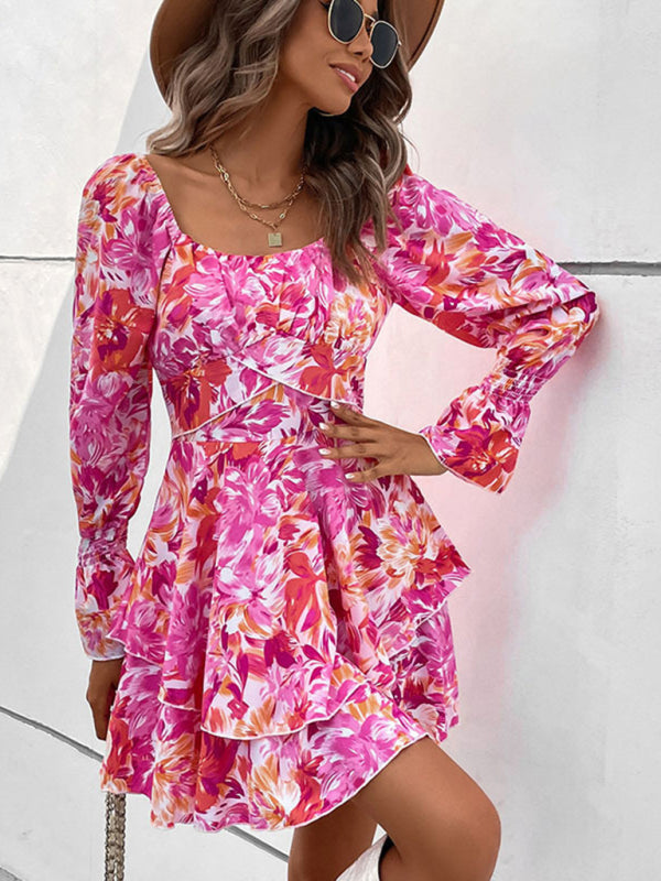 square neck floral print ruffle short dress