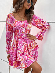 square neck floral print ruffle short dress