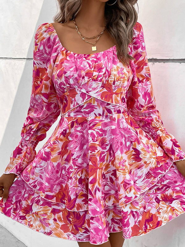 square neck floral print ruffle short dress