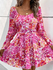 square neck floral print ruffle short dress