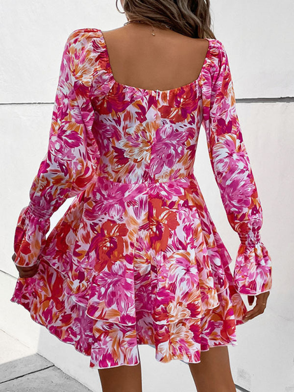 square neck floral print ruffle short dress