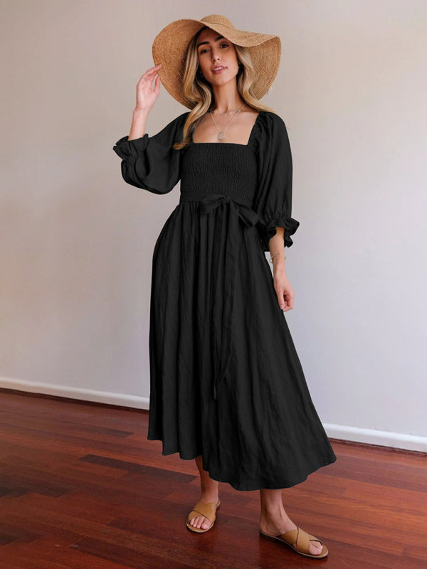 style rope belt ruffled lantern sleeve dress