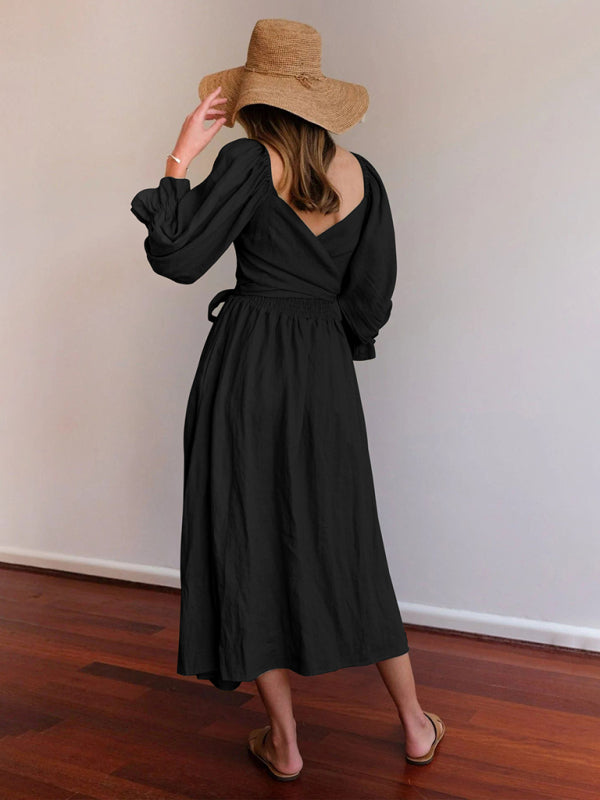 style rope belt ruffled lantern sleeve dress