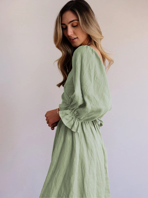 style rope belt ruffled lantern sleeve dress