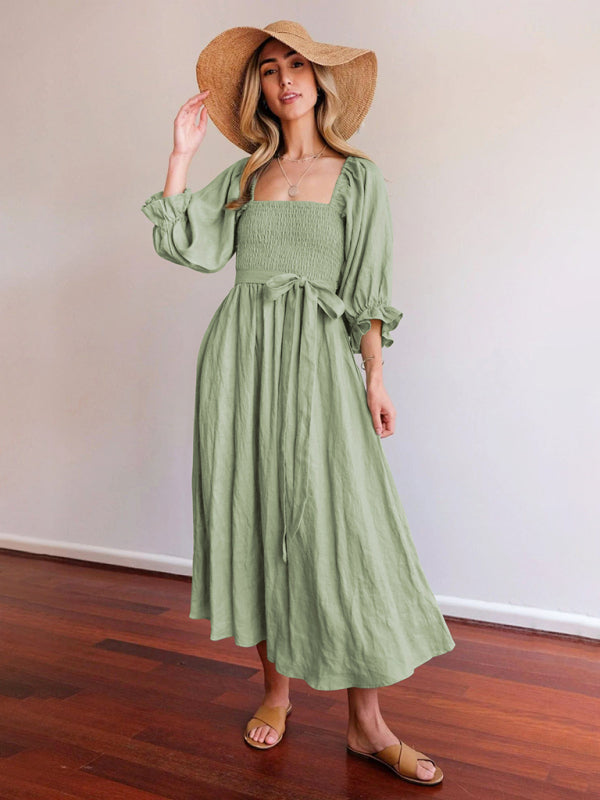 style rope belt ruffled lantern sleeve dress