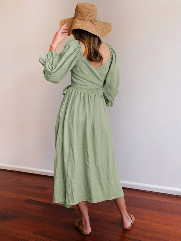 style rope belt ruffled lantern sleeve dress