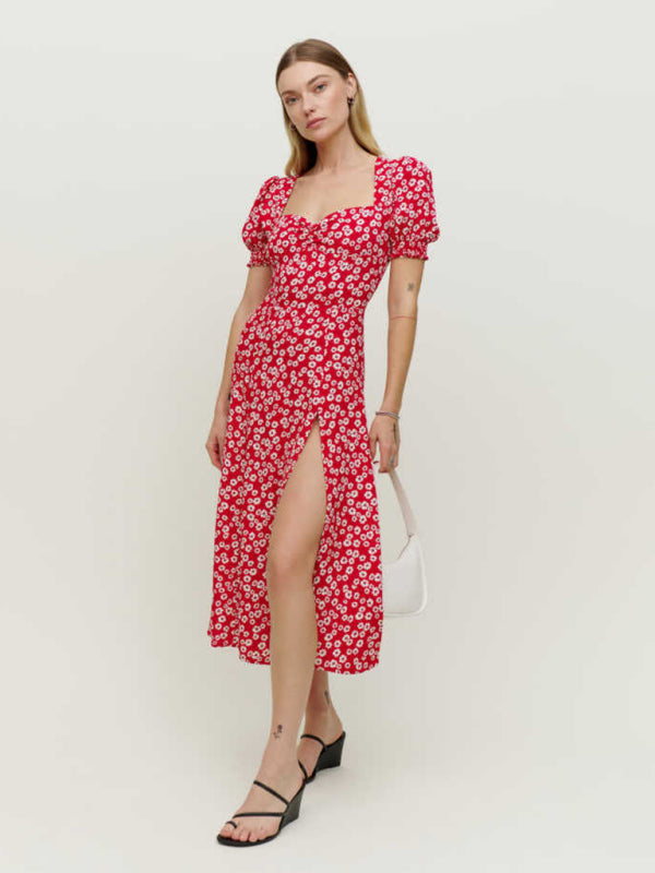 square neck lantern short sleeve printed hem slit long dress