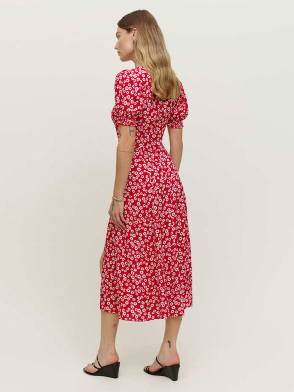 square neck lantern short sleeve printed hem slit long dress