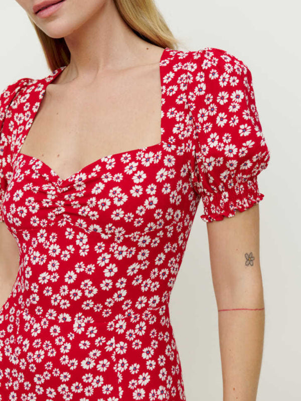square neck lantern short sleeve printed hem slit long dress