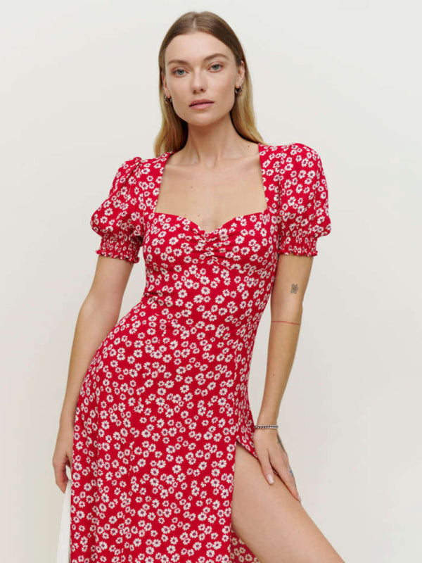 square neck lantern short sleeve printed hem slit long dress
