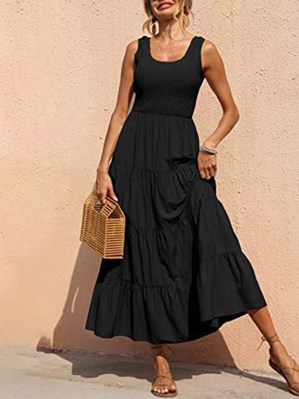 suspender skirt pleated stitching A-line large hem dress