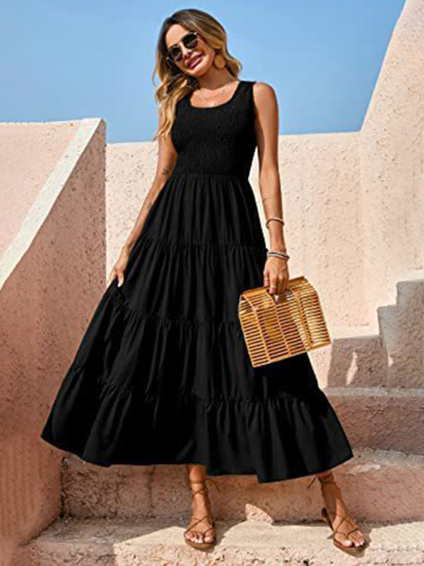 suspender skirt pleated stitching A-line large hem dress