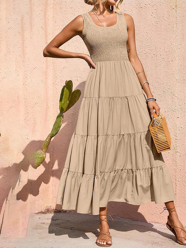 suspender skirt pleated stitching A-line large hem dress