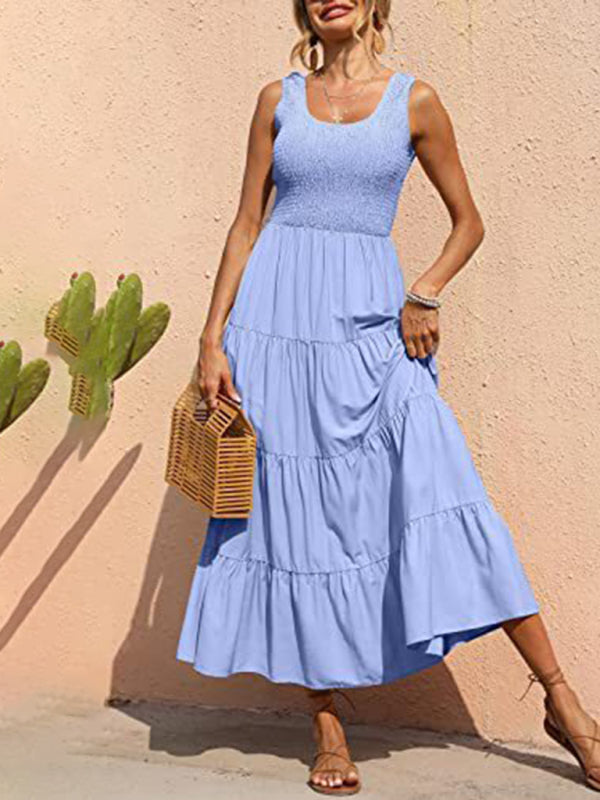 suspender skirt pleated stitching A-line large hem dress