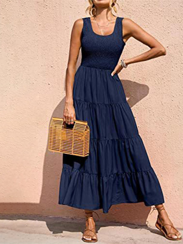suspender skirt pleated stitching A-line large hem dress