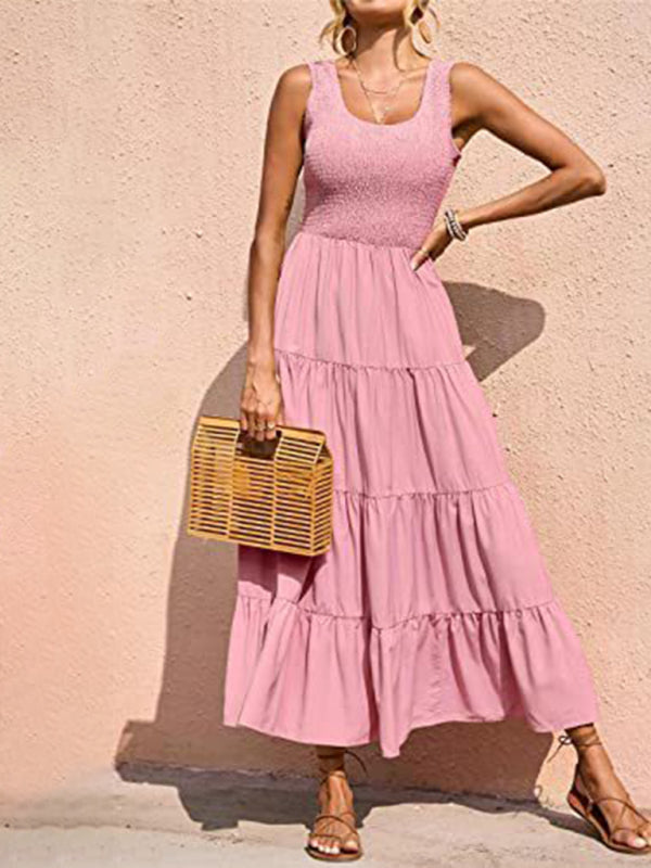 suspender skirt pleated stitching A-line large hem dress