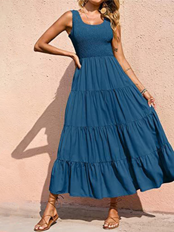 suspender skirt pleated stitching A-line large hem dress