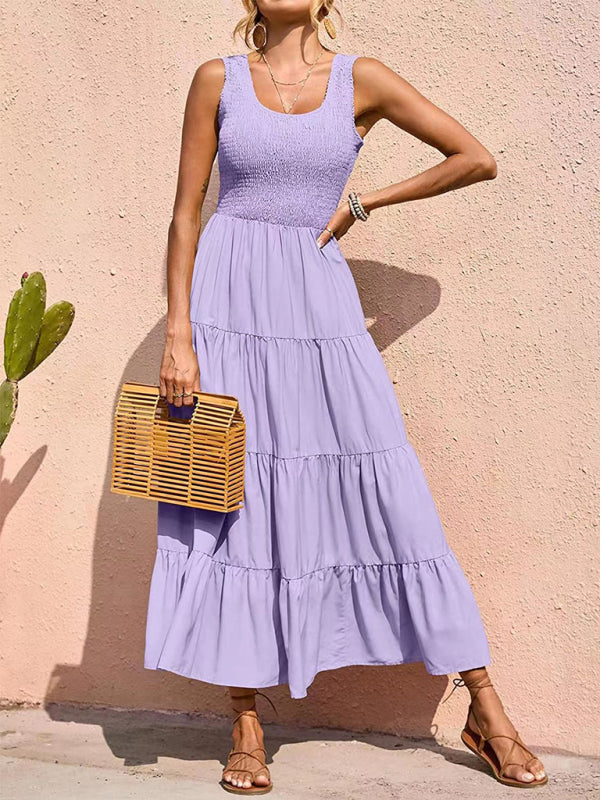 suspender skirt pleated stitching A-line large hem dress