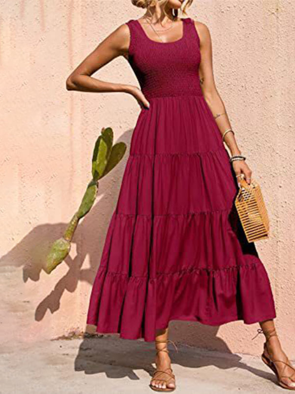 suspender skirt pleated stitching A-line large hem dress