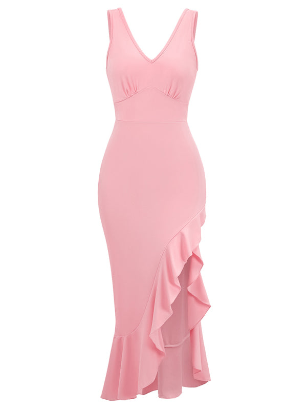 V-neck sleeveless ruffled hem dress