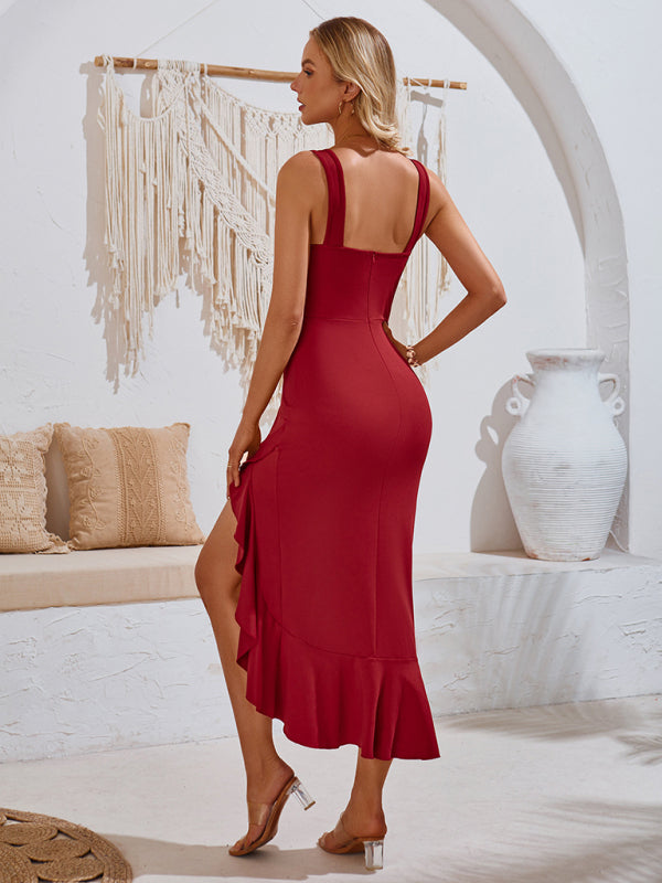V-neck sleeveless ruffled hem dress