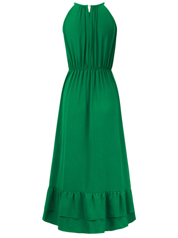 holiday solid color halter neck V sleeveless waist dress