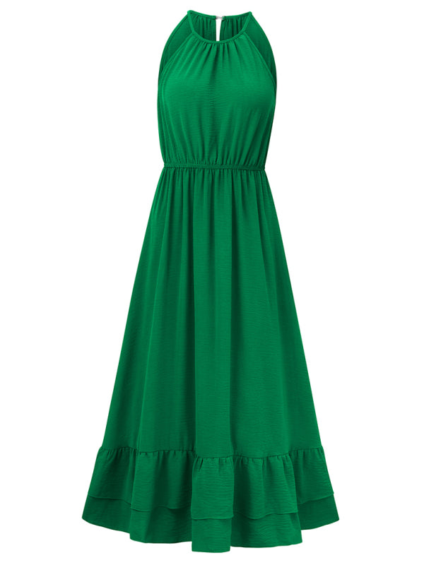 holiday solid color halter neck V sleeveless waist dress