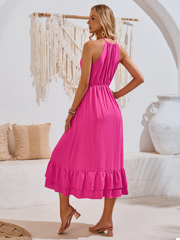 holiday solid color halter neck V sleeveless waist dress