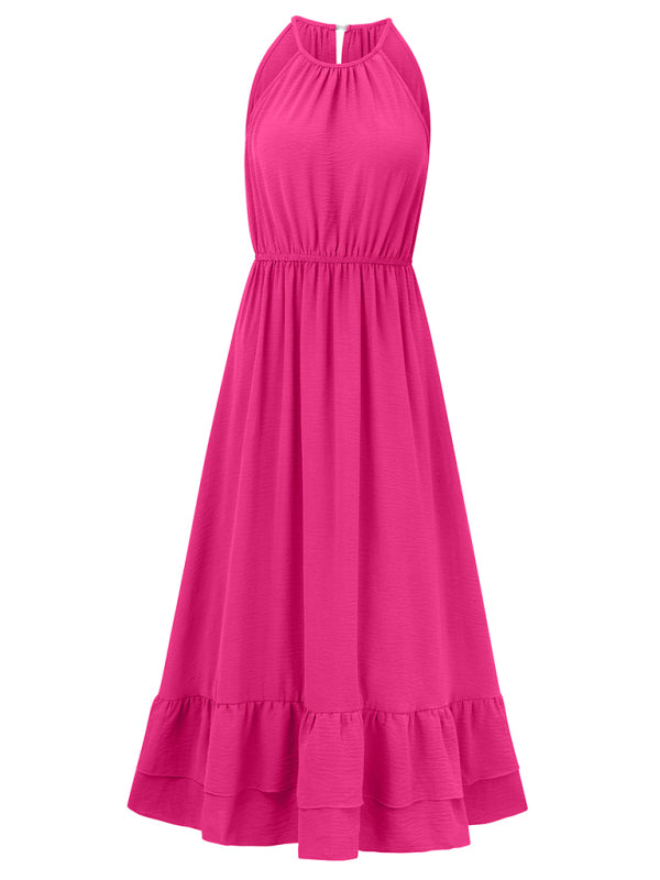 holiday solid color halter neck V sleeveless waist dress