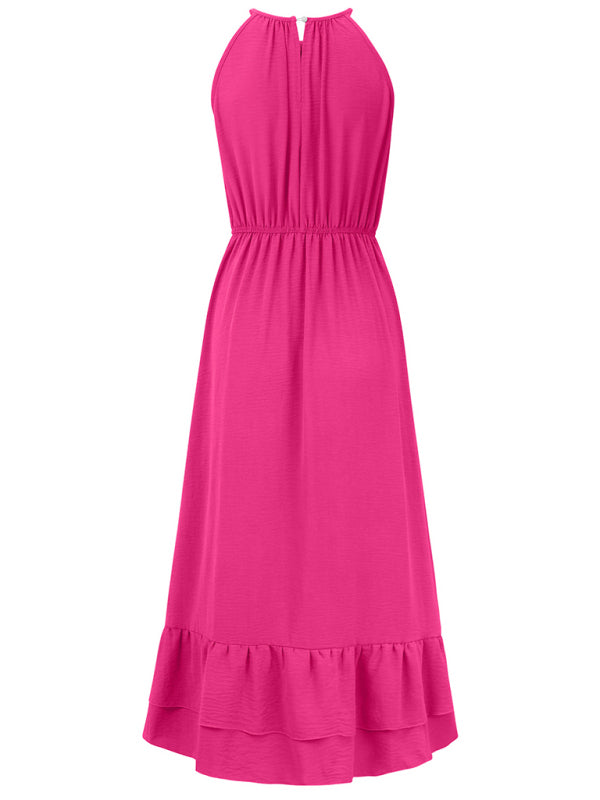holiday solid color halter neck V sleeveless waist dress