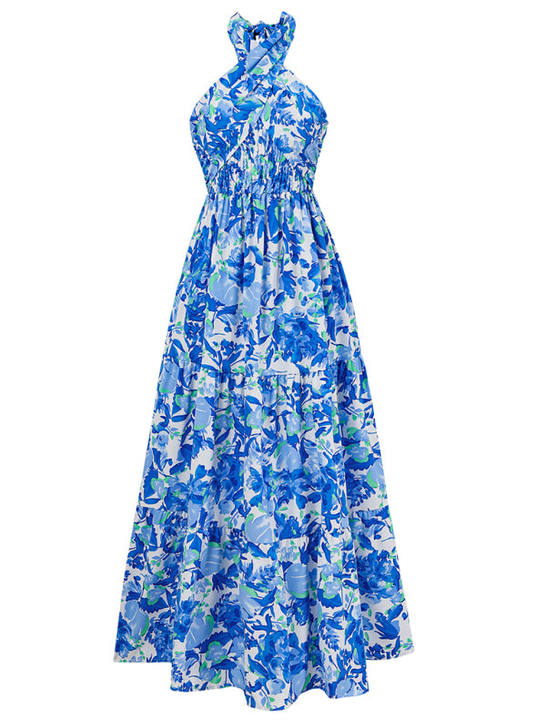 casual resort style printed halter neck dress