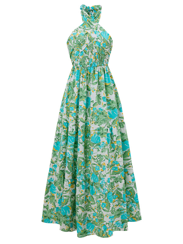 casual resort style printed halter neck dress