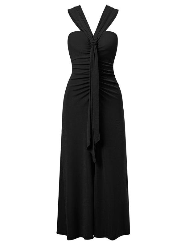 solid color off-shoulder streamer gathered dress
