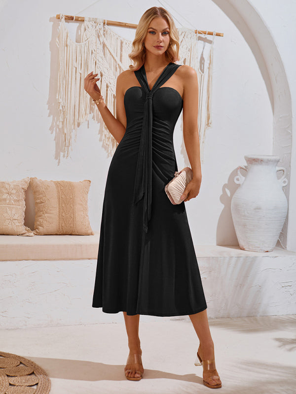 solid color off-shoulder streamer gathered dress