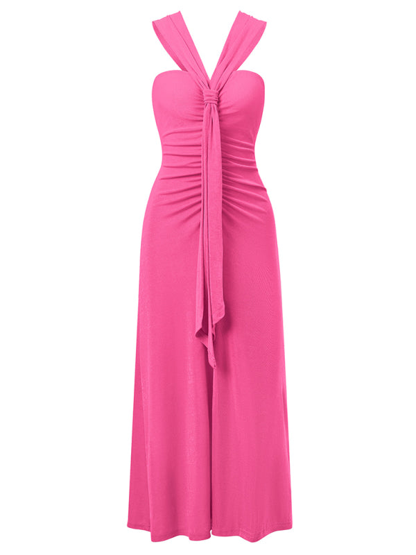 solid color off-shoulder streamer gathered dress