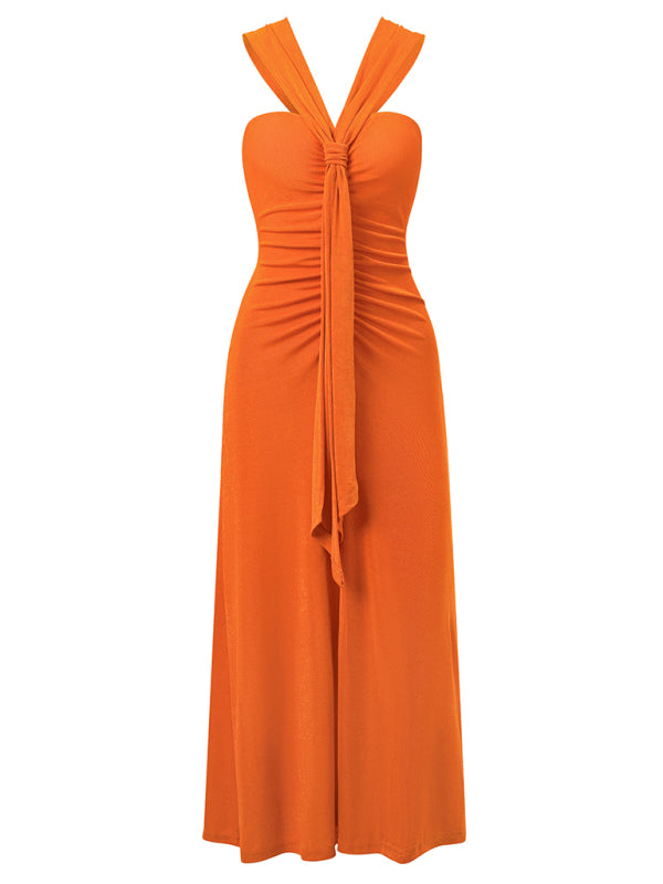 solid color off-shoulder streamer gathered dress