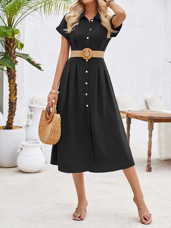 solid color lapel single-breasted short-sleeved pleated dress