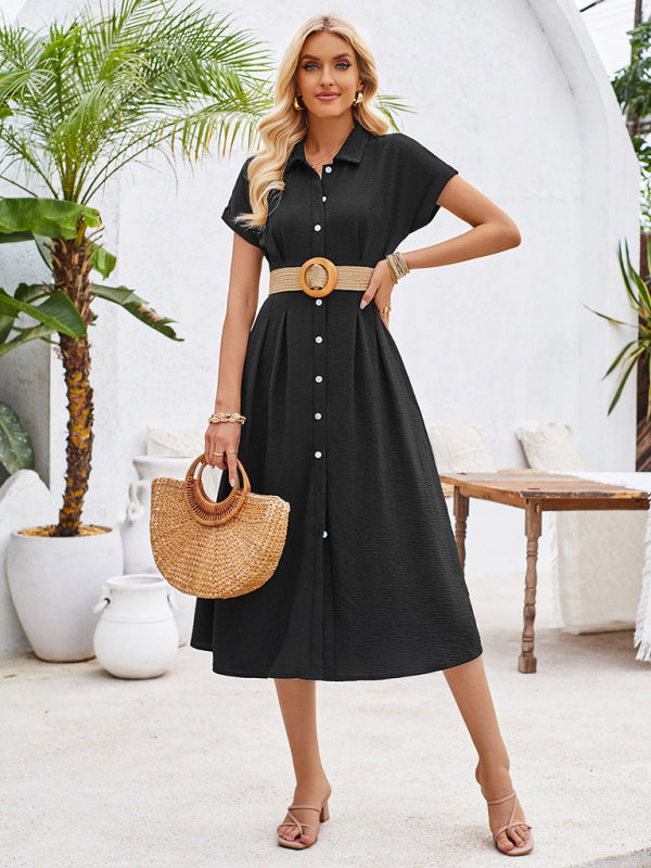 solid color lapel single-breasted short-sleeved pleated dress