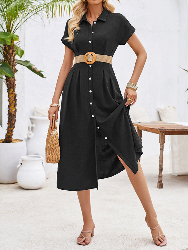 solid color lapel single-breasted short-sleeved pleated dress