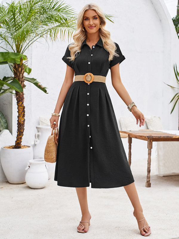 solid color lapel single-breasted short-sleeved pleated dress