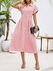 solid color lapel single-breasted short-sleeved pleated dress