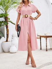 solid color lapel single-breasted short-sleeved pleated dress