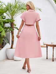 solid color lapel single-breasted short-sleeved pleated dress