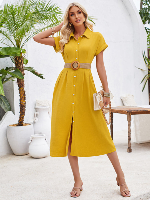 solid color lapel single-breasted short-sleeved pleated dress