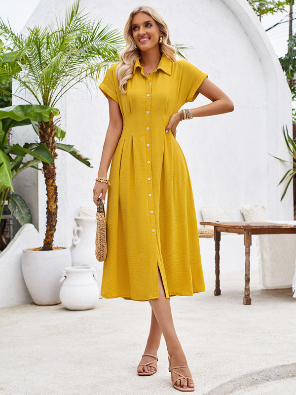 solid color lapel single-breasted short-sleeved pleated dress