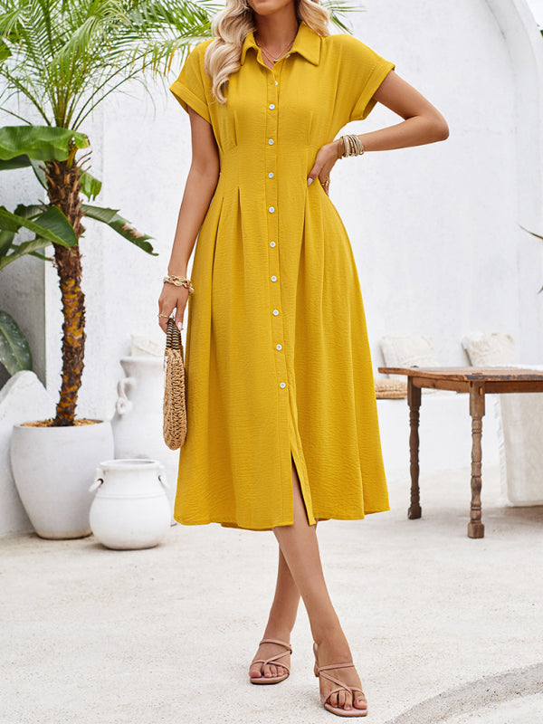 solid color lapel single-breasted short-sleeved pleated dress